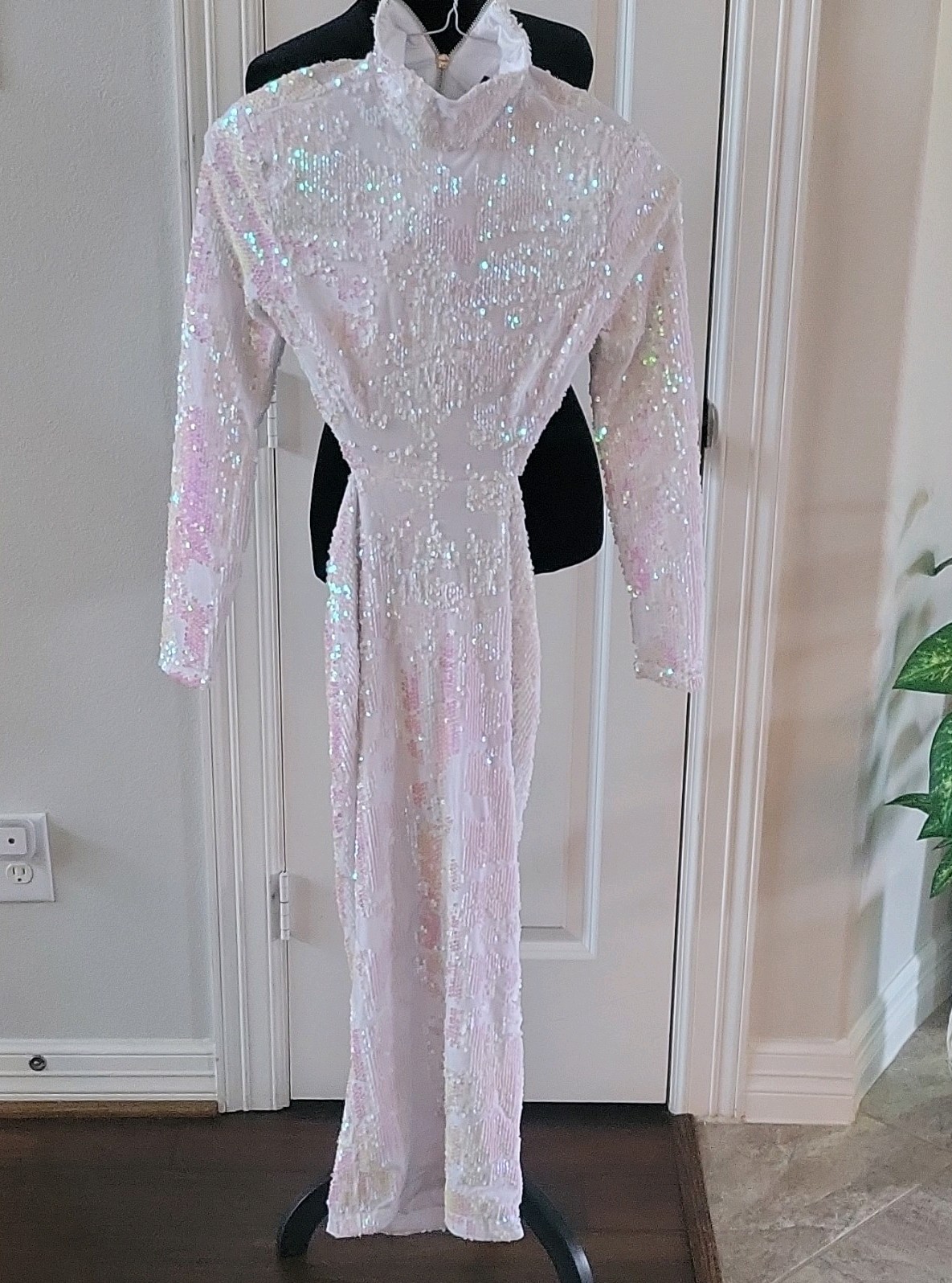JLUXLABEL White Sequin Collared Zip Long Sleeve Party Dress Size Small