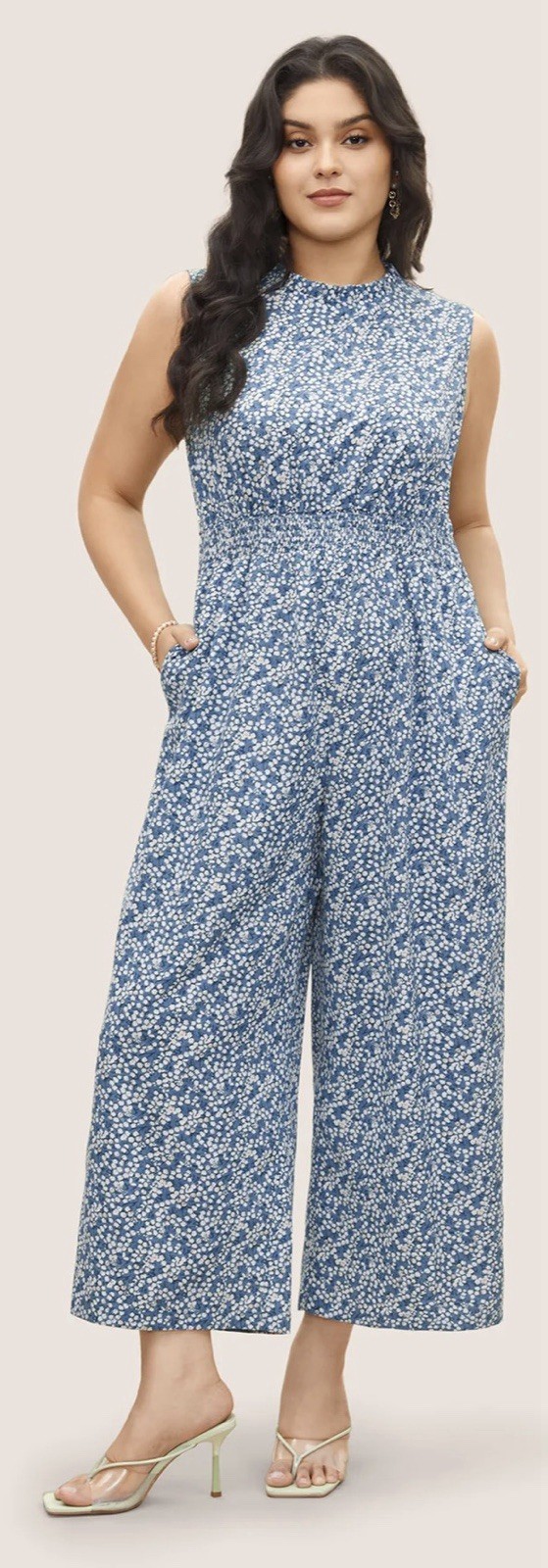 NEW BLOOMCHIC Ditsy Floral Mock Neck Shirred Jumpsuit Sky Blue 12 L NWT