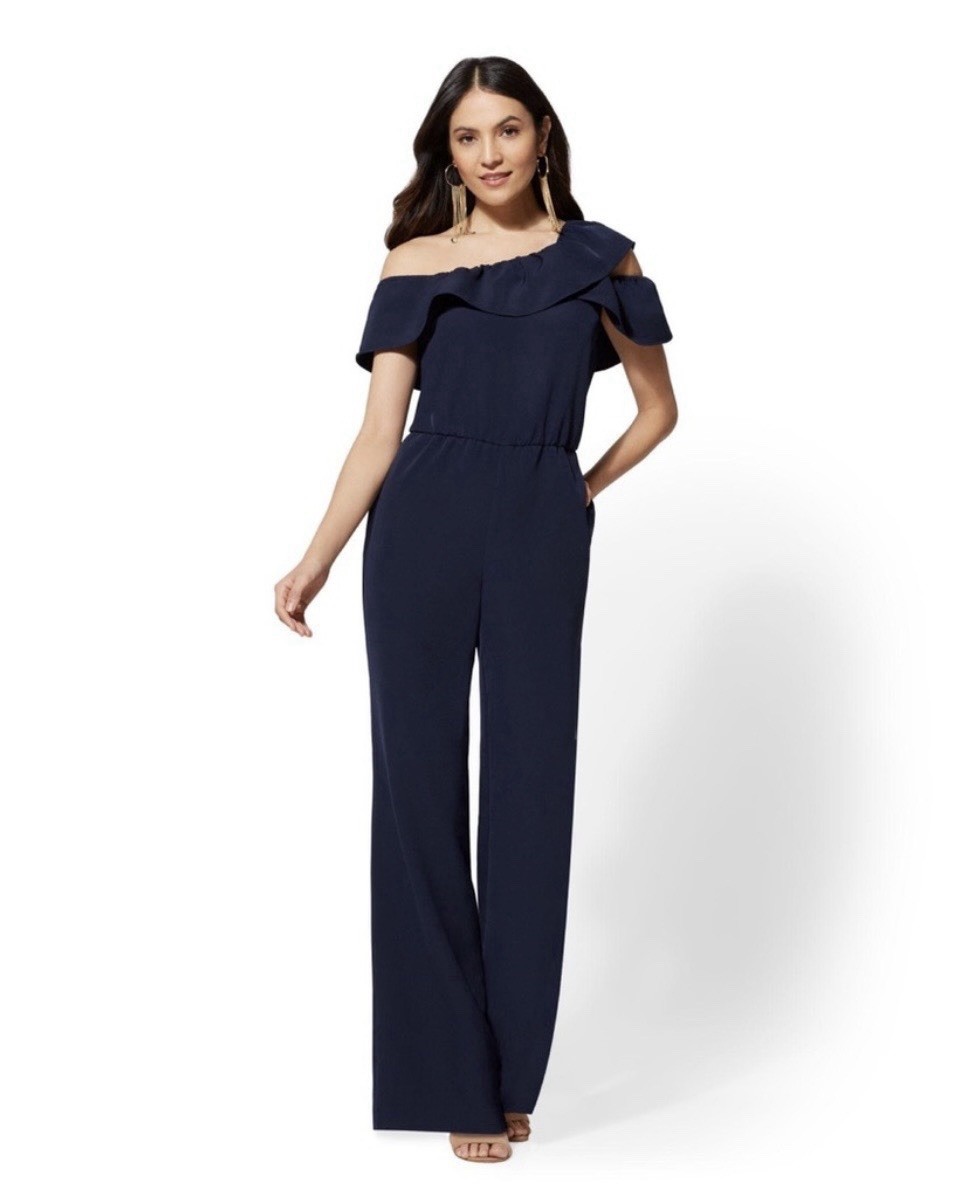 New York & Company Navy Off-Shoulder Ruffle Wide-Leg Jumpsuit w/ Pockets L & NWT