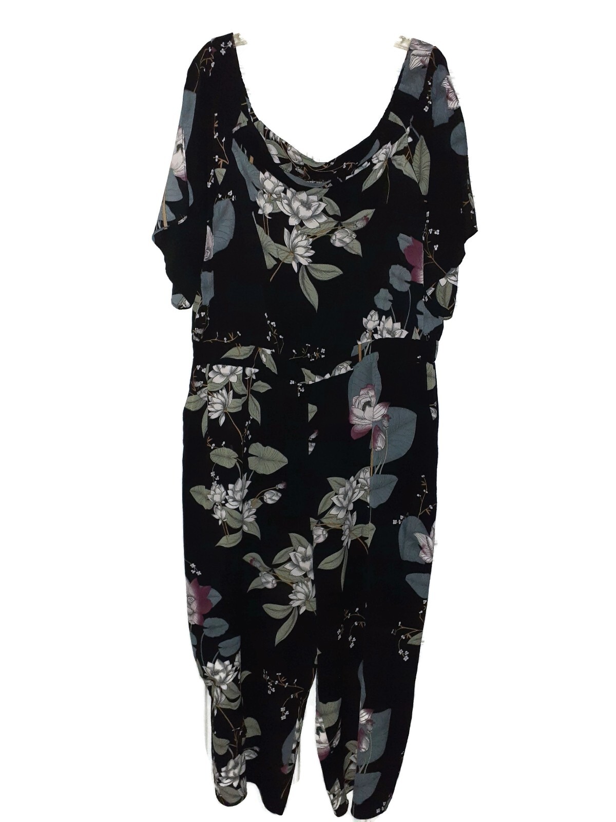 CITY CHIC Plus Sz 22W Jumpsuit Black Ivory Burgundy Floral Off Shoulder Pockets