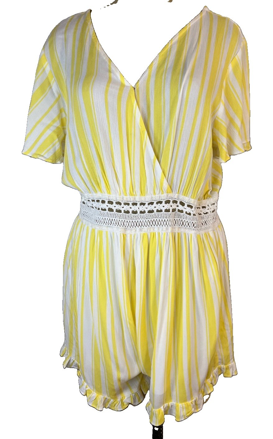 Amp Vintage 90’s Yellow/white Stripe Romper W/crochet Waist Ruffle Trim L
