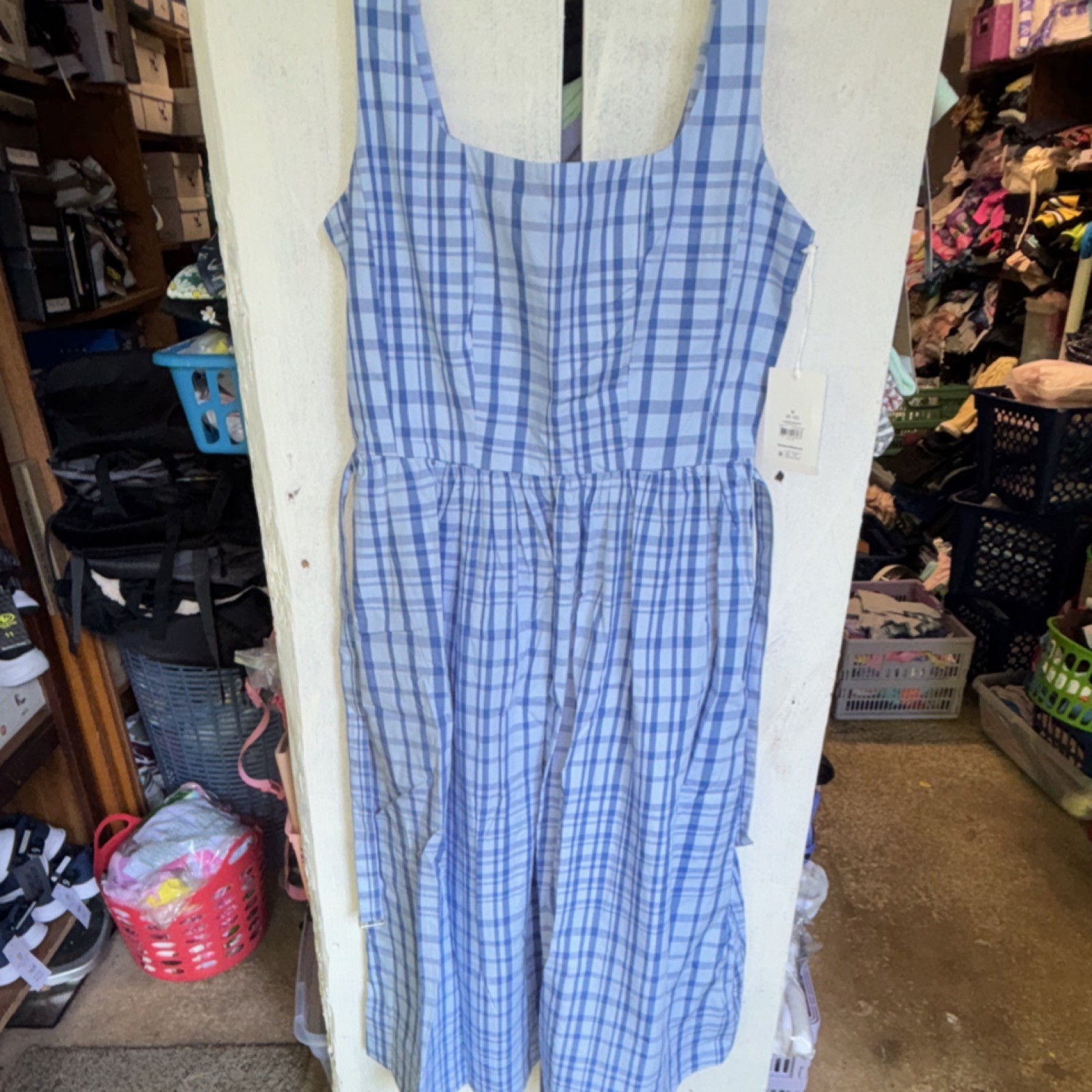 Free assembly Blue Plaid Sleeveless Square Neck Zip Smocked dress M (8-10)