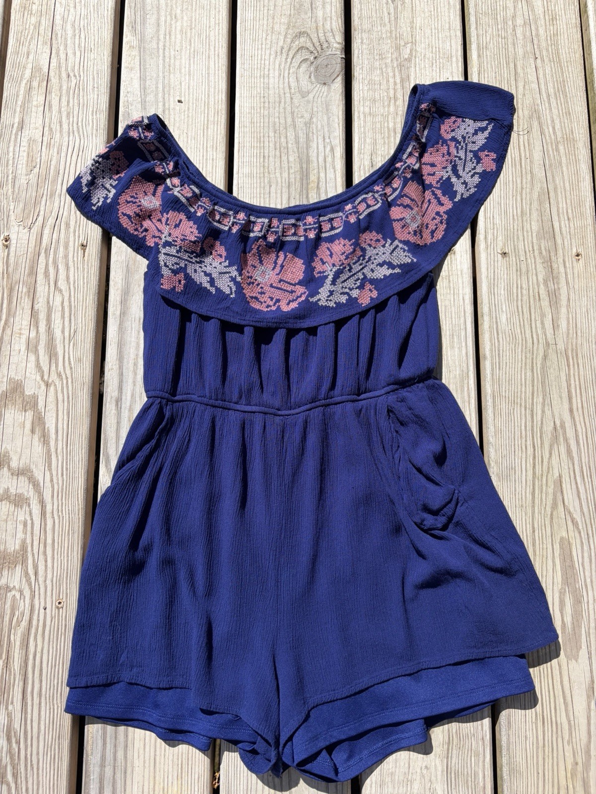 Blue Rain Blue Shorts Romper Floral Ruffle Size Large Bohemian Hippie Feminine
