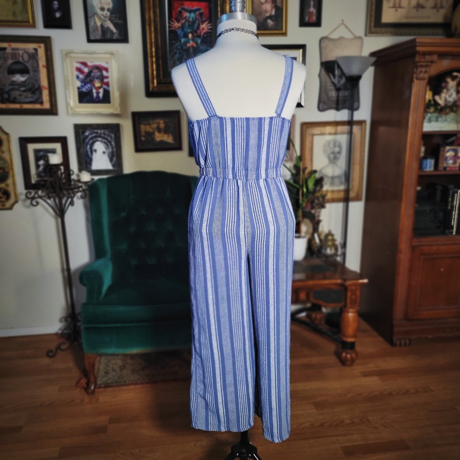 No Comment Jumpsuit Blue White Striped Wide Leg Button Front Girls XL 16 Small