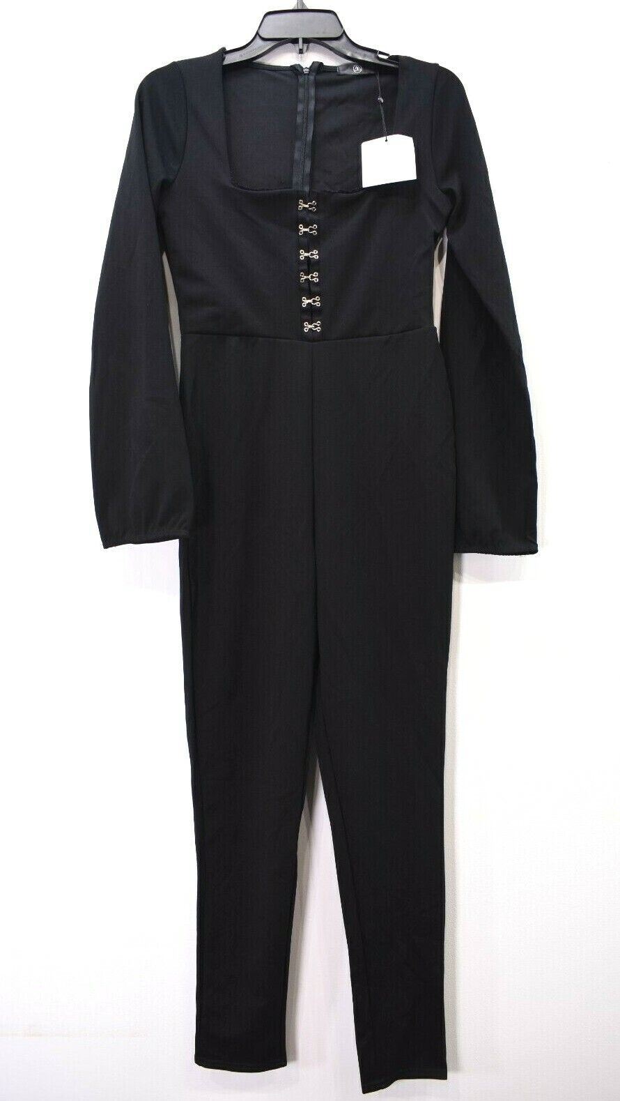Missguided Womens Black Square Neck Long Sleeve Hook Eye Lace Trim Jumpsuit 6
