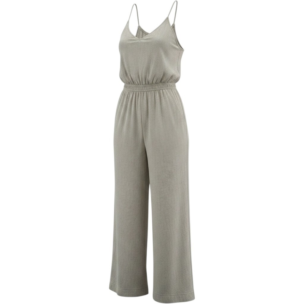 Monteau Los Angeles Large Linen Blend Smocked Wide Leg Jumpsuit Beige Summer