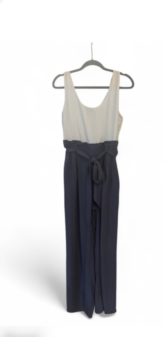 Shinestar Women’s Blue & White Sleeveless Wide-Leg Belted Jumpsuit M