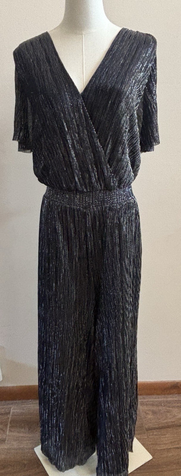NWT Banana Republic Metallic Pleated Jumpsuit XL Tall Navy Wide Leg