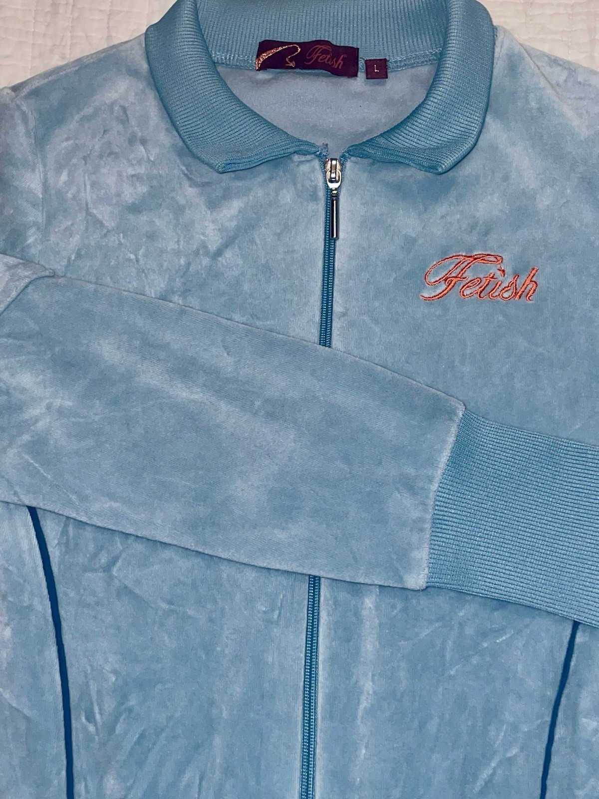 Fetish One Piece Track Suit Velour Blue Womens•L LongSleeve 1/2 Zip Pocket Y2K