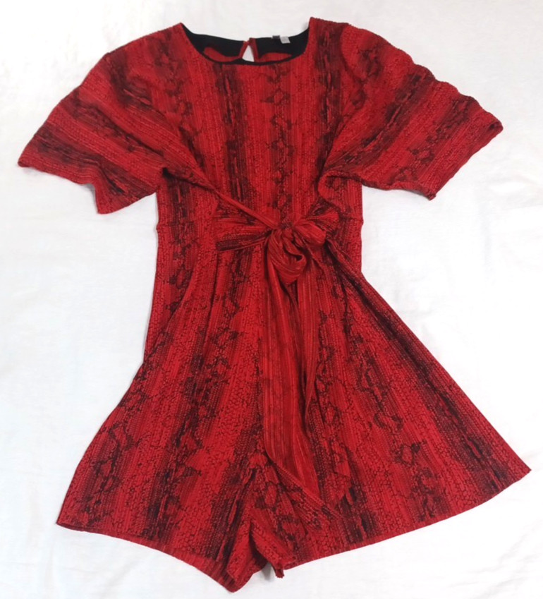 ASOS Red Black Snake Dressy Crinkled Open Back Romper Sz 16 Tie Elastic Waist