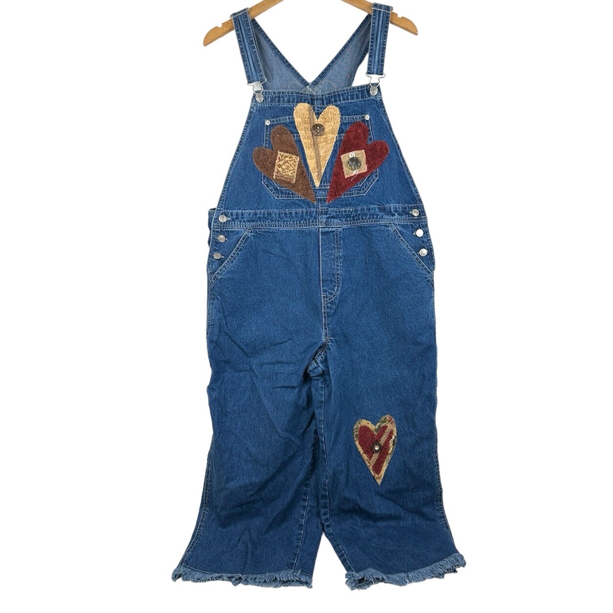 Scrap Work Country Clothing XL Denim Overalls Cropped Fringe Hearts RARE Cottage