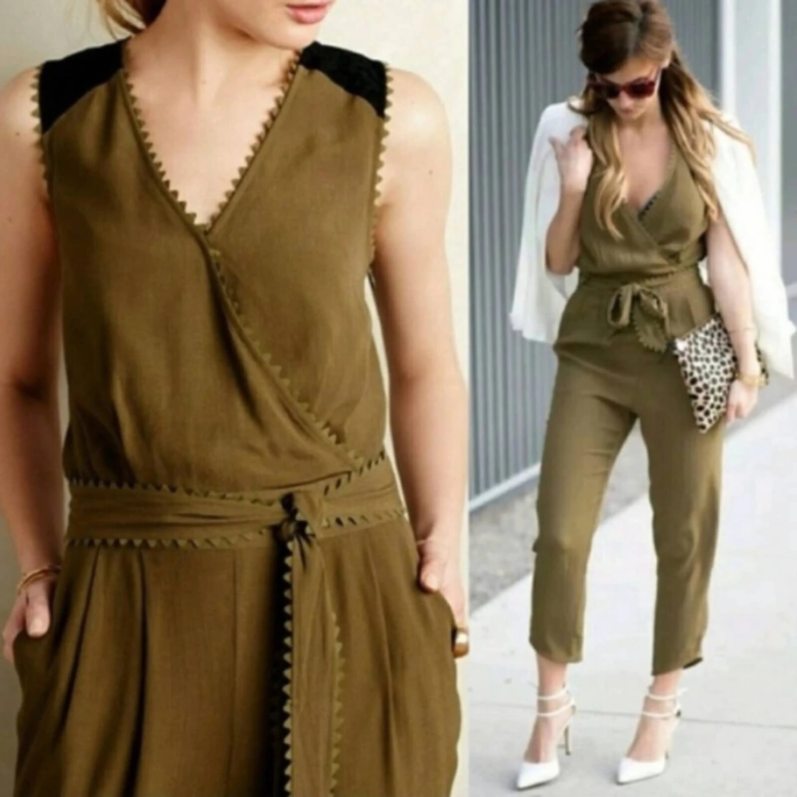 Leifsdottir Anthropologie crepe Sani Lace back green sleeveless romper size 4