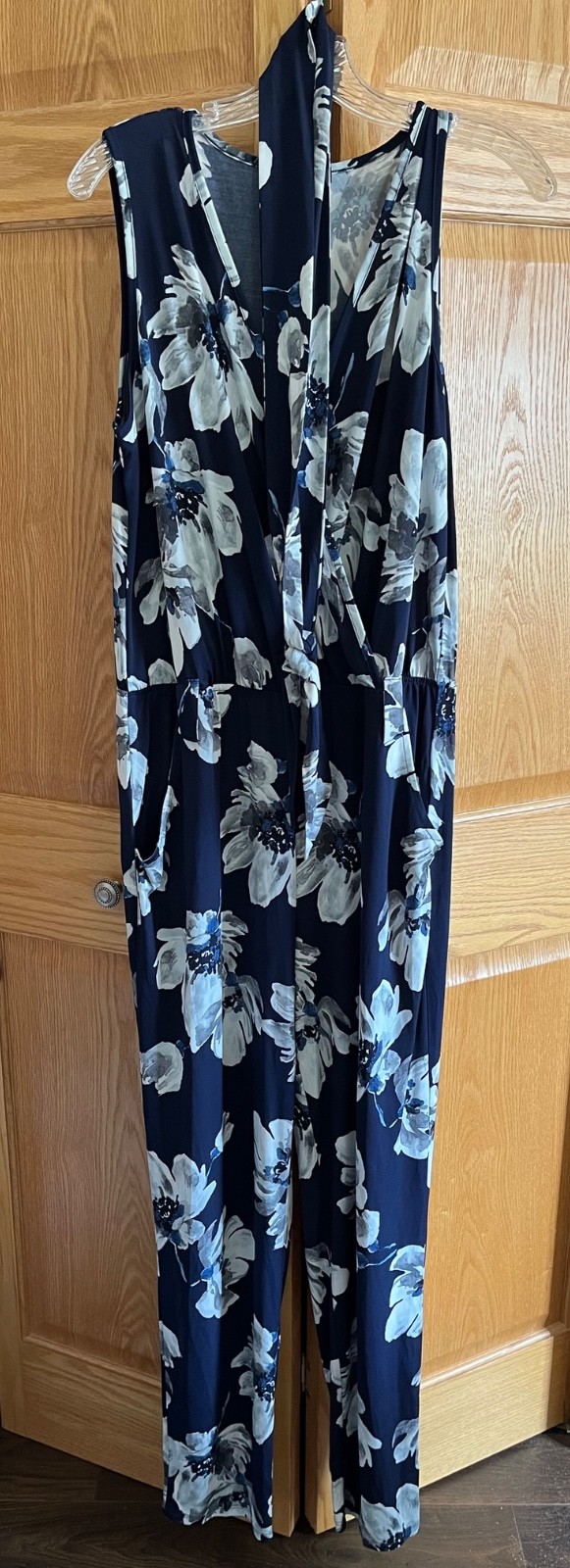 Venus blue and white jumpsuit with pockets, tie belt, size L, poly/spandex