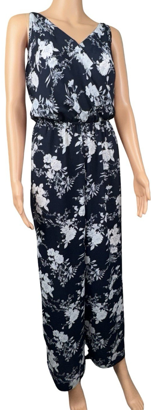 Timing Womens Size 1X Jumpsuit Wide Leg Jumper Pants Blue With Flowers Pre-Owned