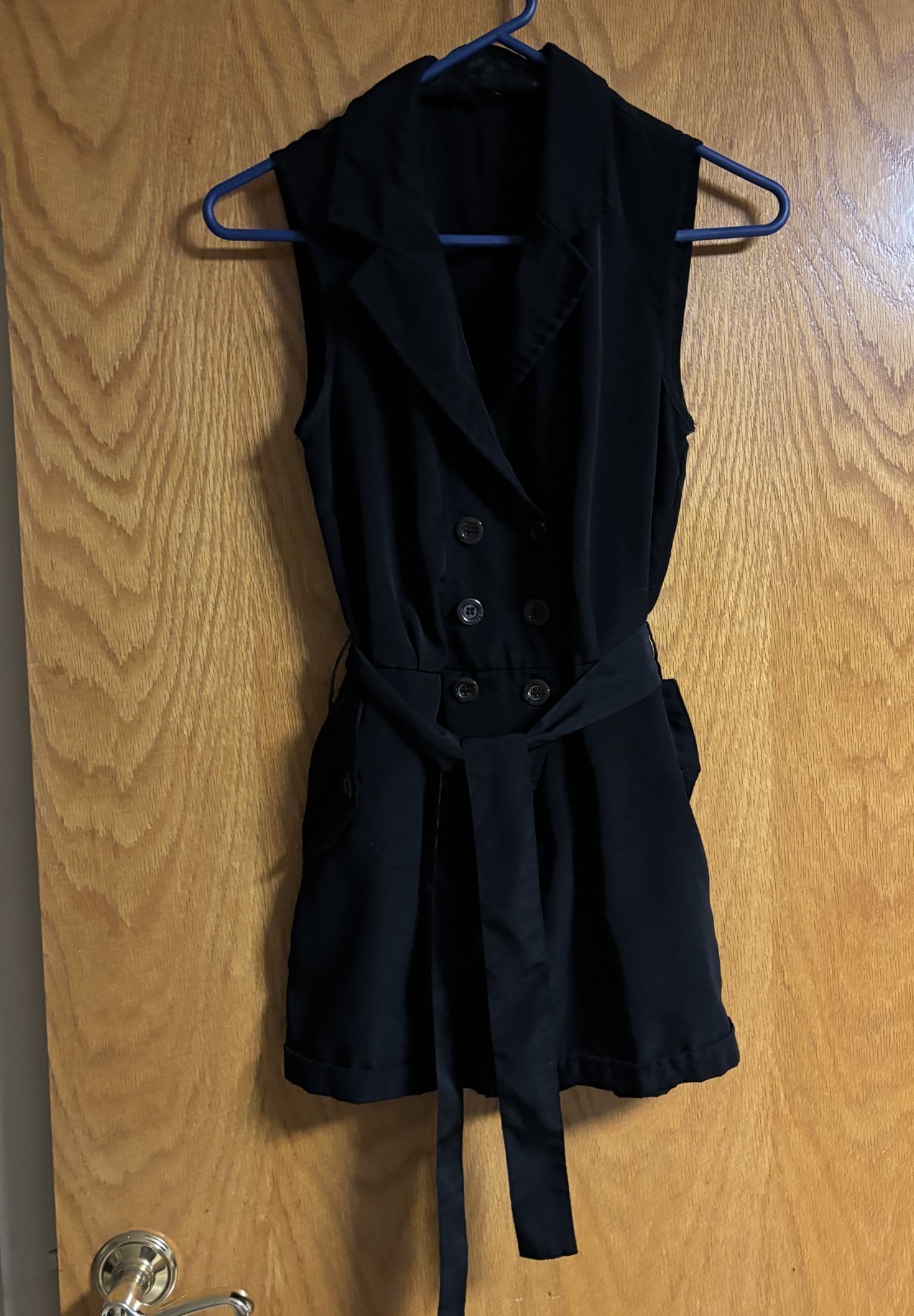 Junior girls size Small black romper, belted, cuffed 2 pockets, polyester