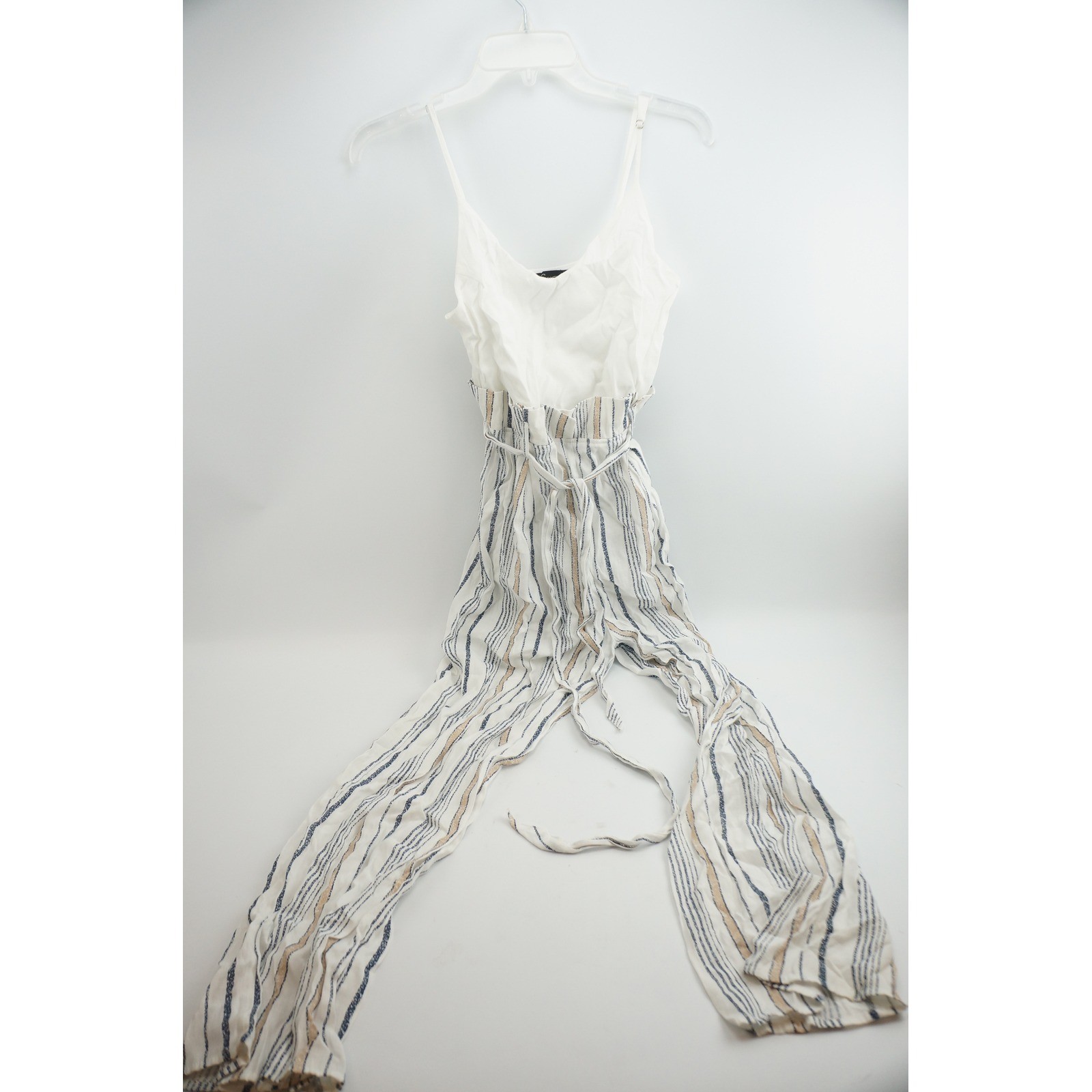 Love University Jumpsuit Size M White Blue Tan Striped Paperbag Waist Excellent
