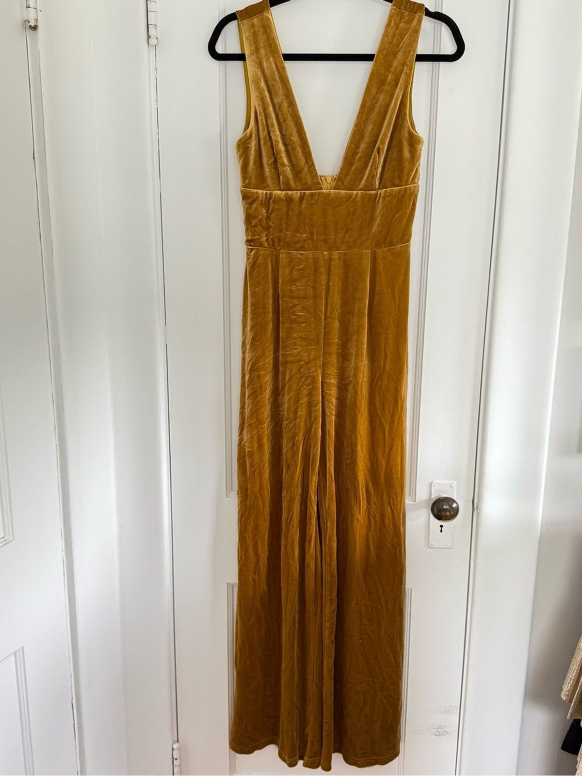 4SI3NNA Mustard Gold Velvet Wide Leg Jumpsuit Deep V Size Small