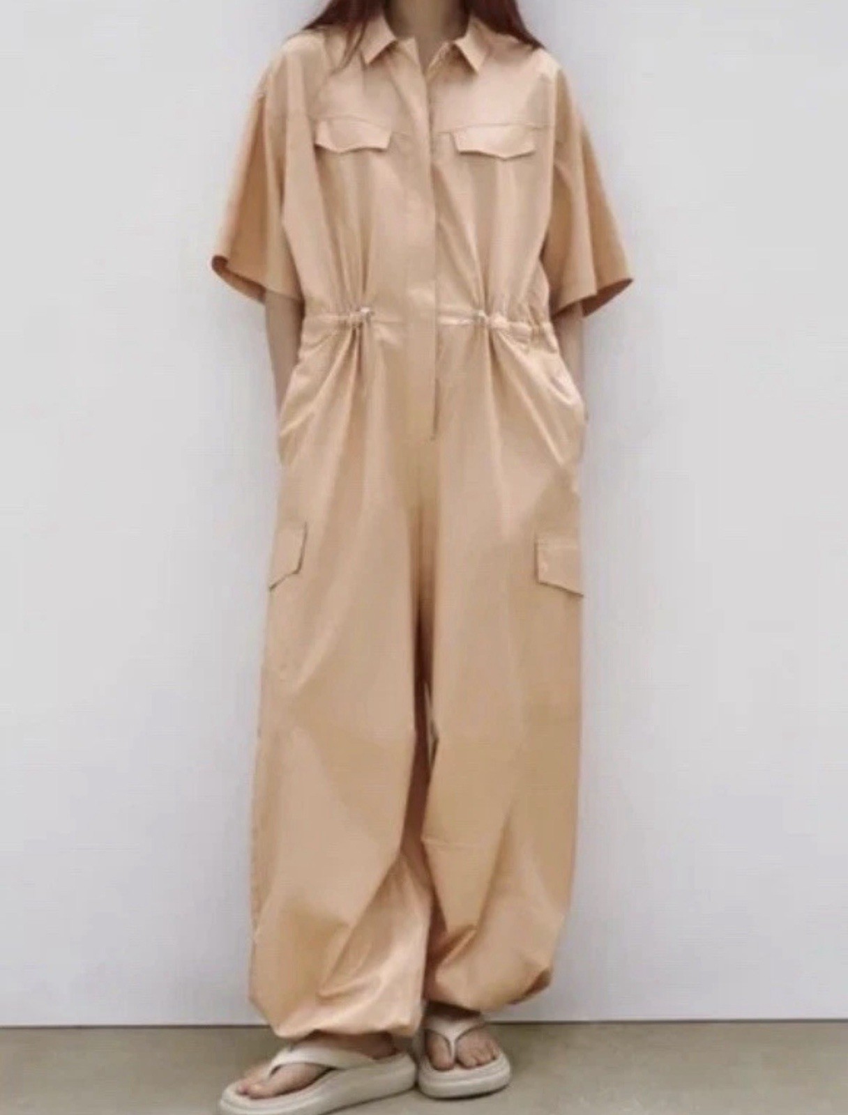 NWT Zara Cargo Jumpsuit SZ M Caramel Khaki Color W/Pockets Snaps & Drawstrings