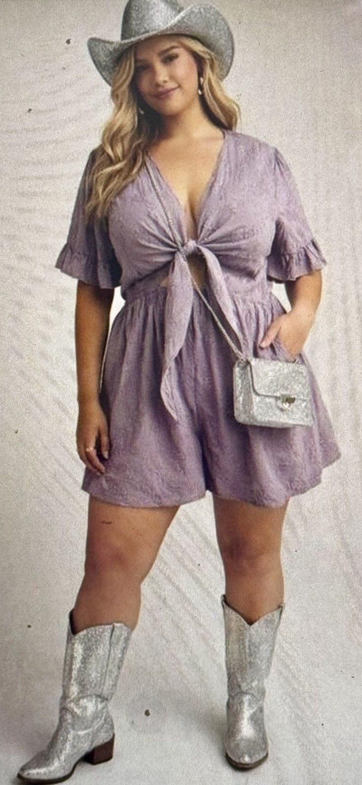 Torrid Plus Size 2X Purple Short Sleeve Tie Front Romper Rayon w/ Embroidery NWT