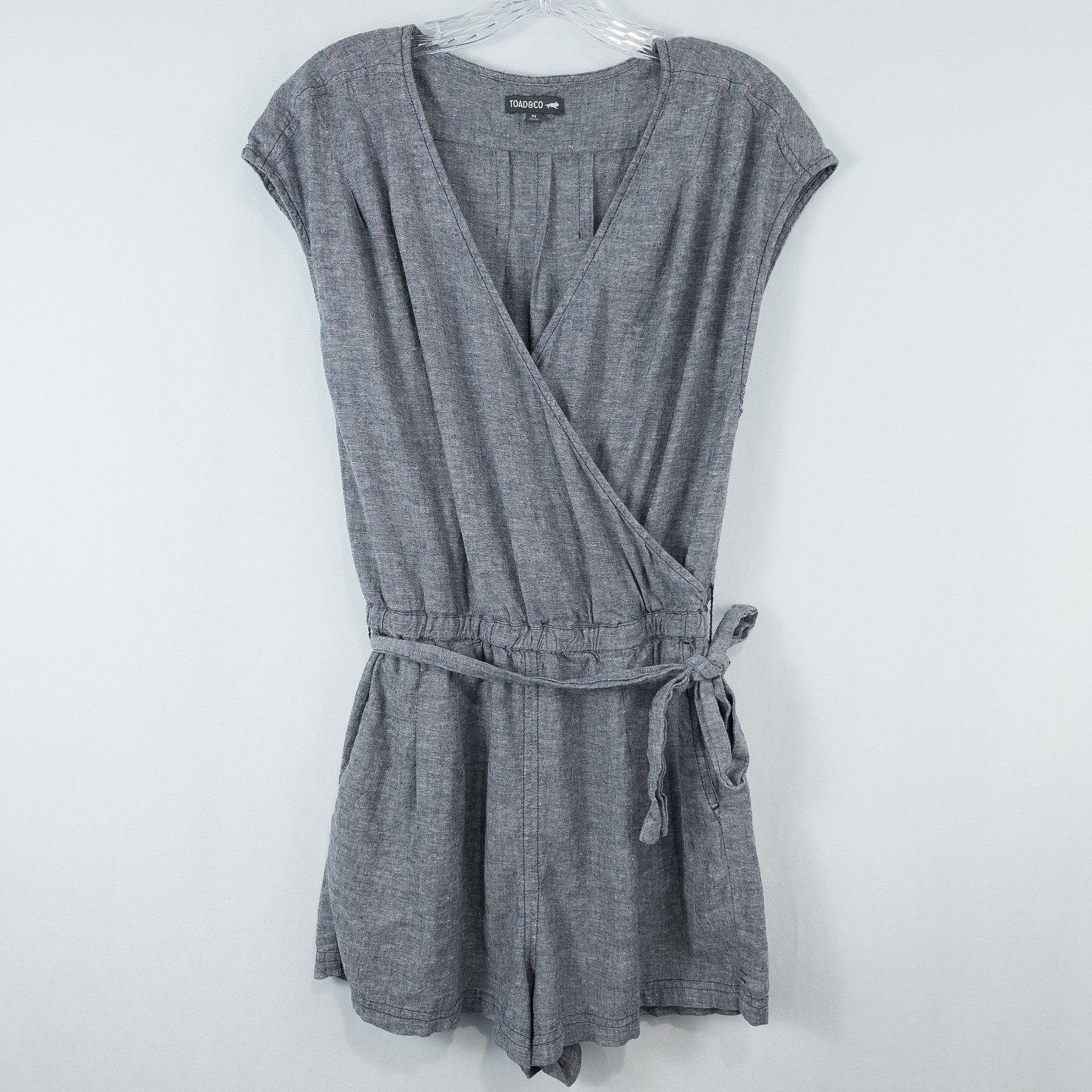 Toad & Co Tara Hemp Romper Medium V Neck Faux Wrap Blue Gray Minimalist Granola