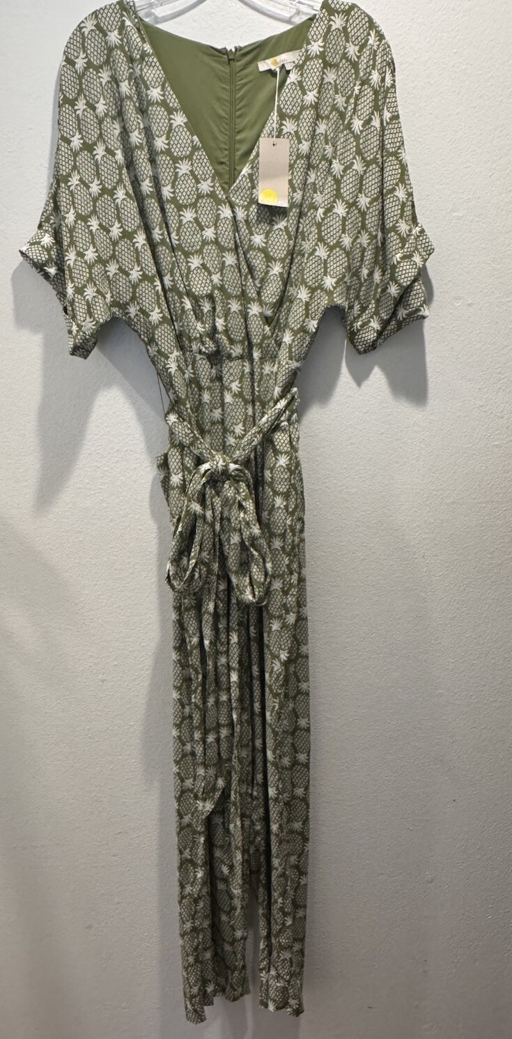 Boden Size 12T Tall Pineapple Print Alice Faux Wrap Romper Jumpsuit Belted Pea