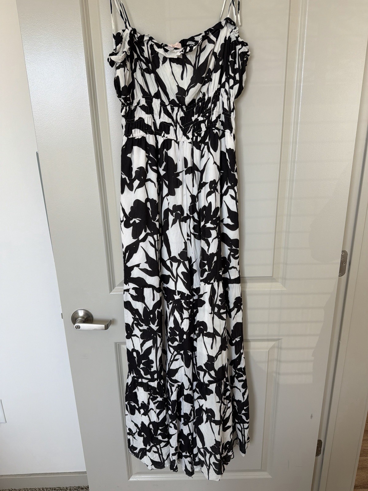 Hutch Smocked Floral Wide Leg Jumpsuit Black White Size Large Bow Tie Straps