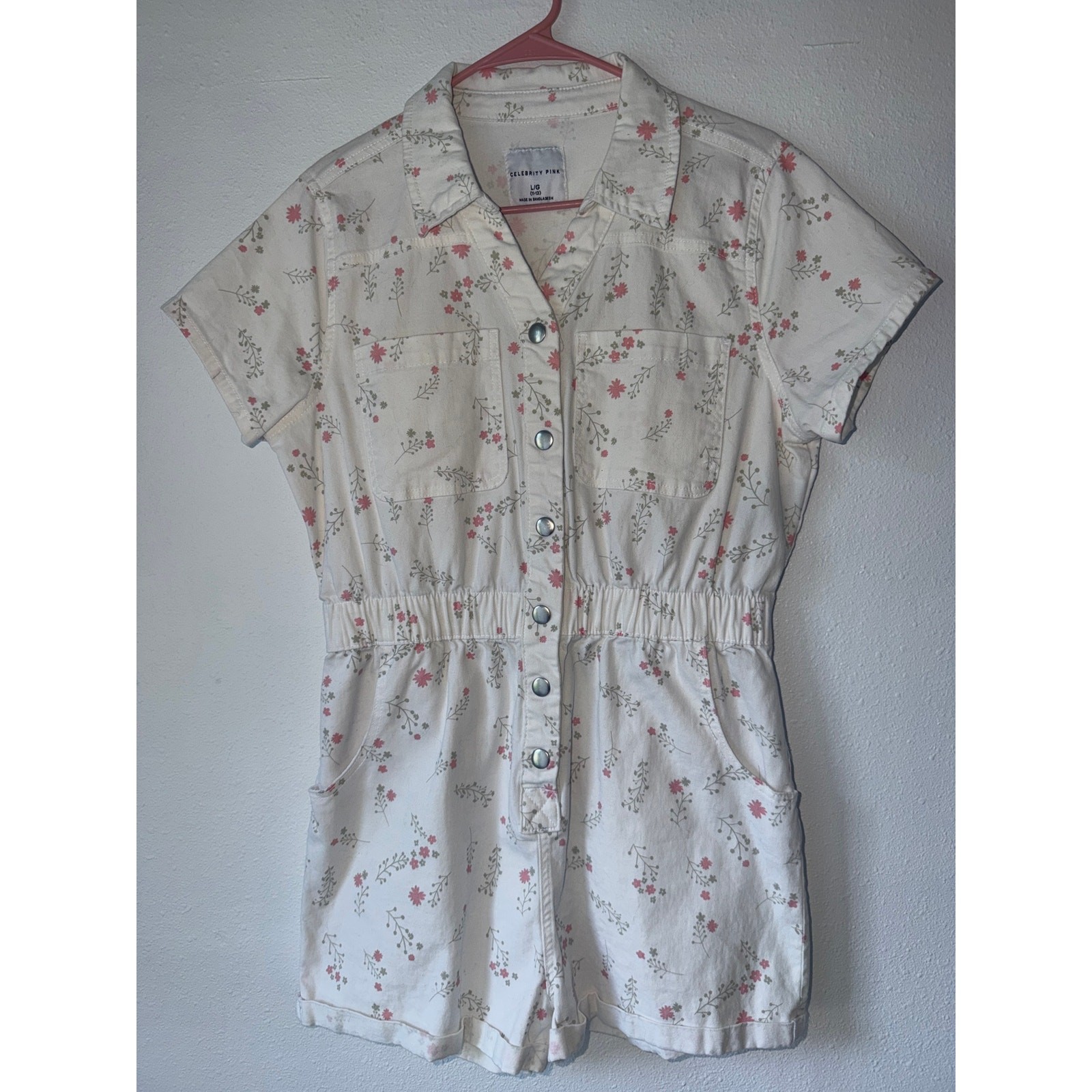 Celebrity Pink White Pink Floral Short Sleeve Denim Romper Large Cottagecore