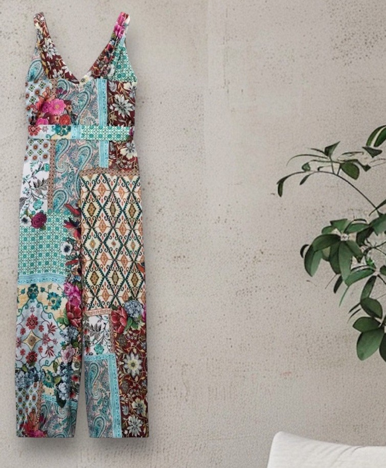 NWTZARA KNOTTED WIDE STRAPS PATCHWORK PRINT JUMPSUIT