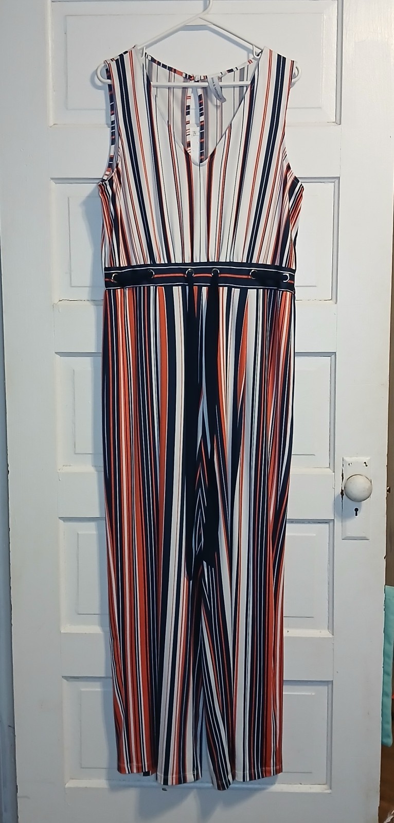 Emma & Michele XL Striped Jumpsuit Wide Leg Elastic Waist Tie 41” Bust 30.5”…