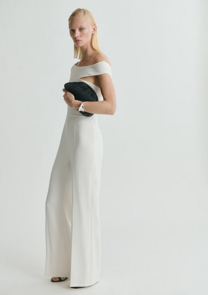 NWT MANGO MNG OFF WHITE OFF THE SHOULDER WIDE LEG JUMPSUIT SZ L LARGE