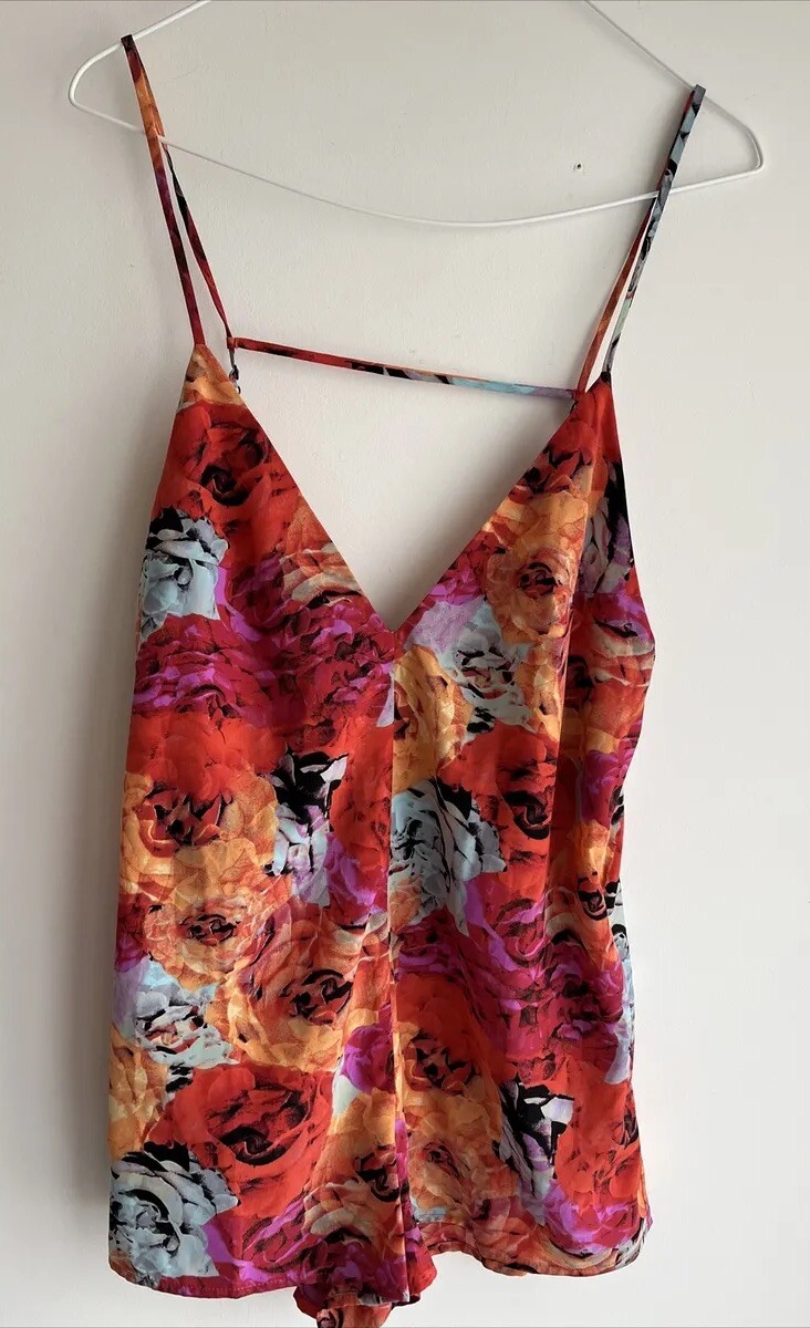 Nasty Gal Romper Womens XS Orange Bold Floral Mob Wife Spaghetti Strap USA Made