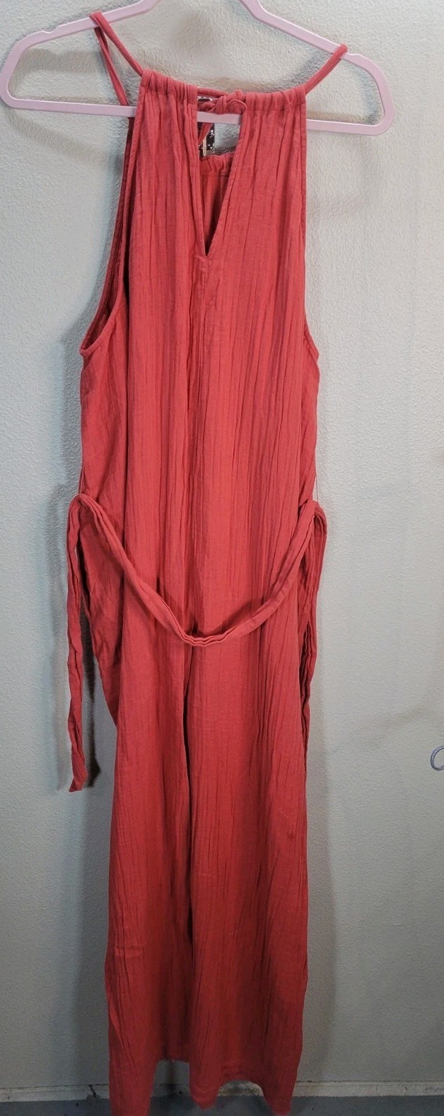 Pact Organic Cotton Coral Halter Jumpsuit L Wide Leg Tie Waist Sustainable