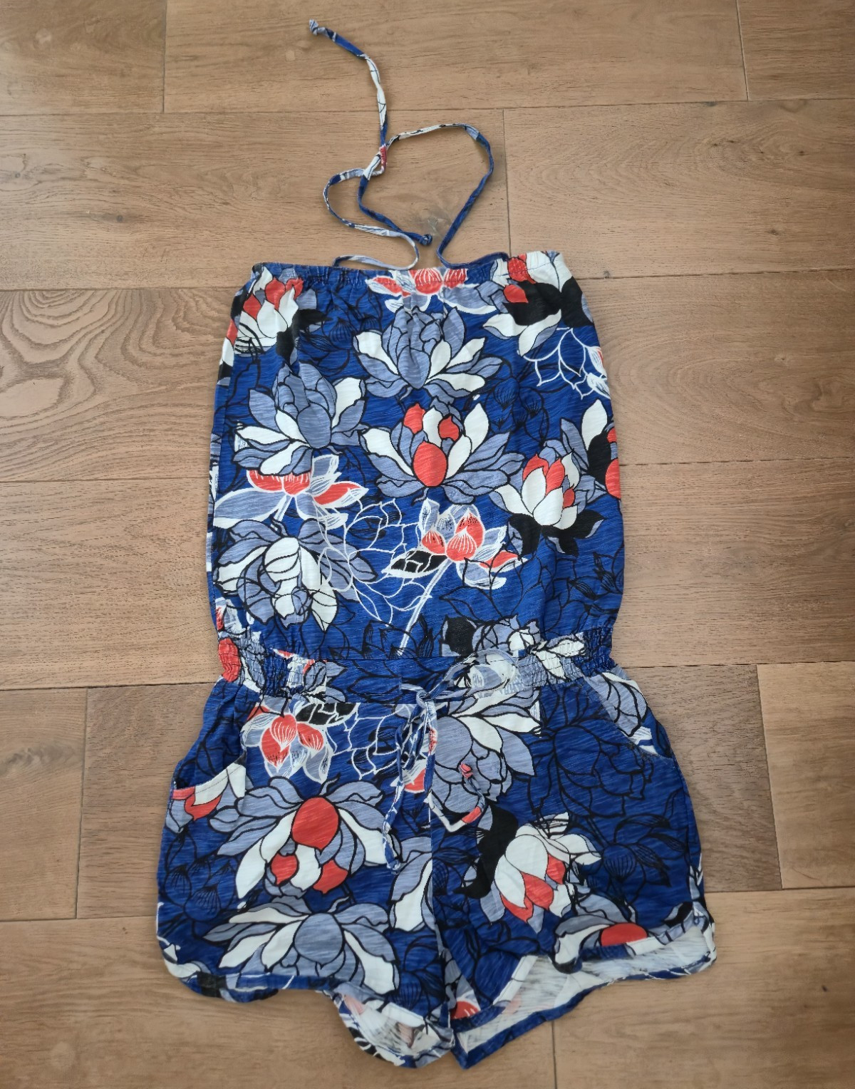 Ladies Bandeau Jumpsuit S Floral Blue/White/Red Wide Leg Jumpsuit Summer
