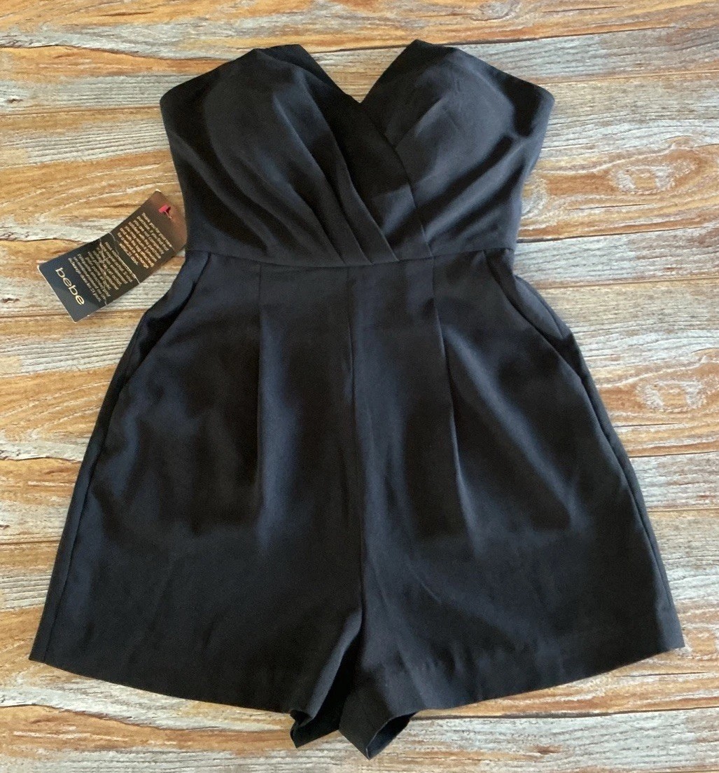 NWT Bebe Black Strapless Romper Size 0 Sweetheart Pleated Bow Tie Back Zip Mini