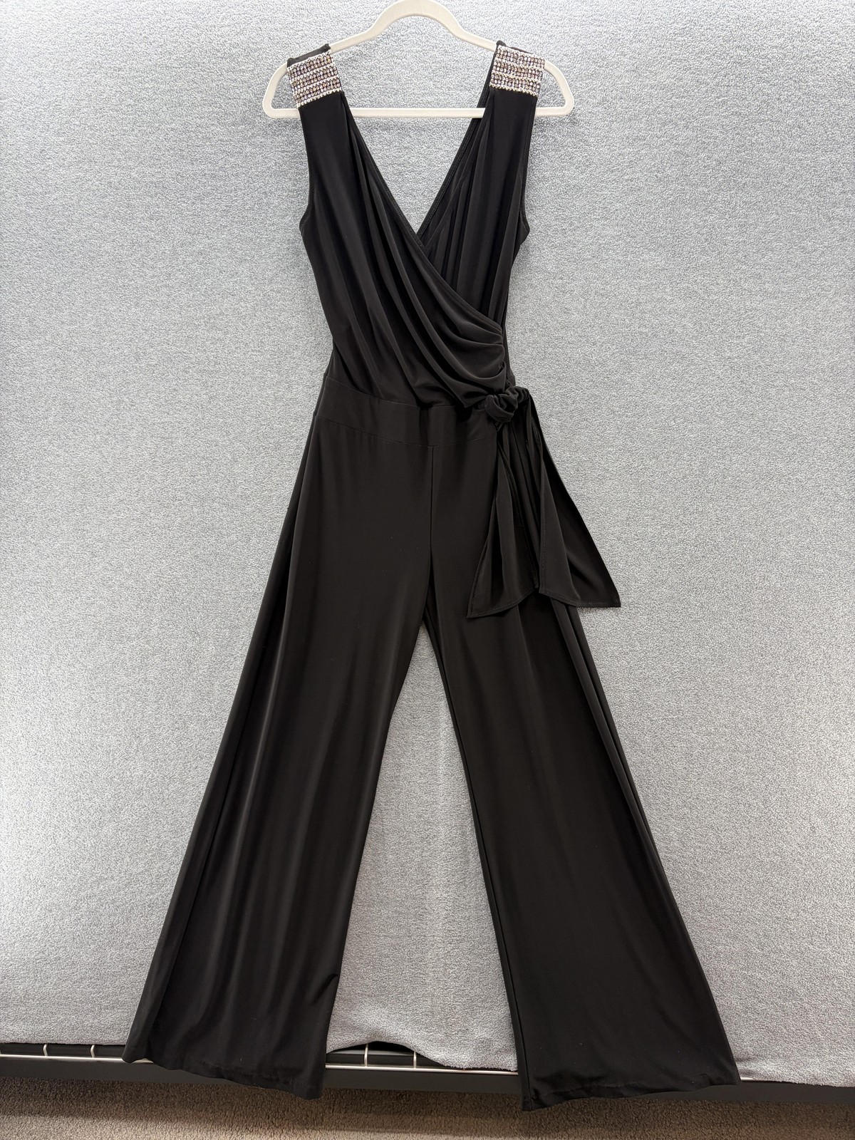 VTG Cache Jumpsuit Womens Medium Black Wide Leg Rhinestone Stretch Disco Party