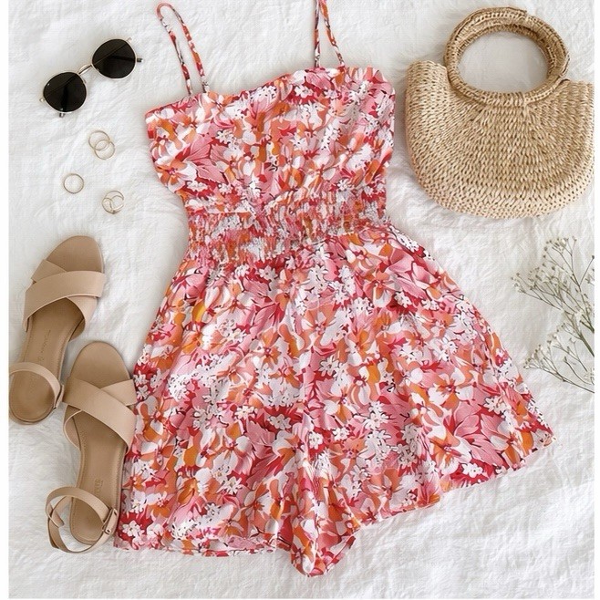 Pink Lily Romper Womens Small Floral Smocked Summer Vacation Outfit