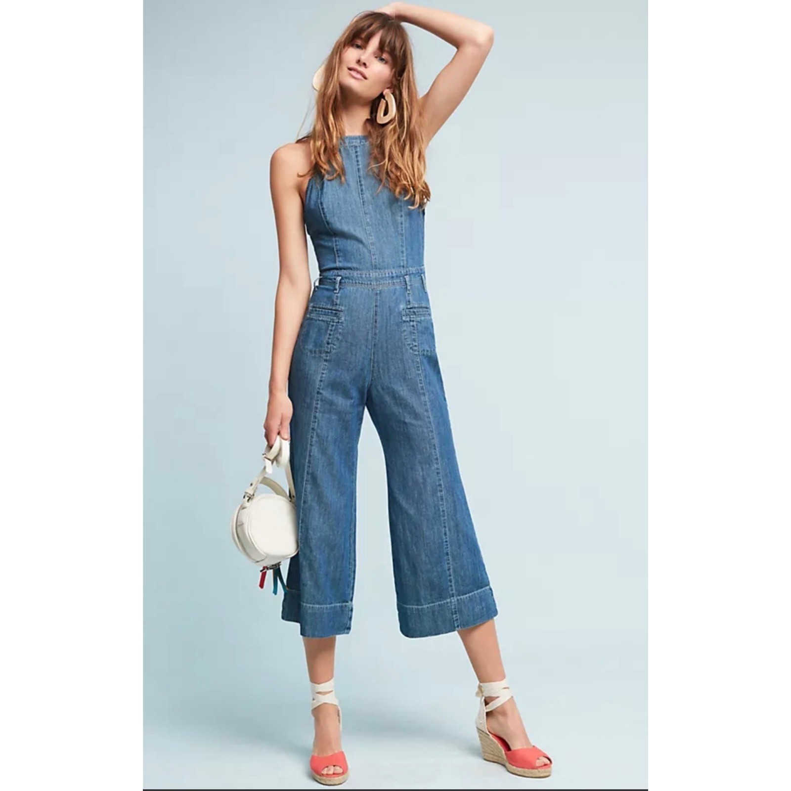 Pilcro Femme Denim Jumpsuit Wide Leg Crop Blue Size 8 Boho Western Rodeo