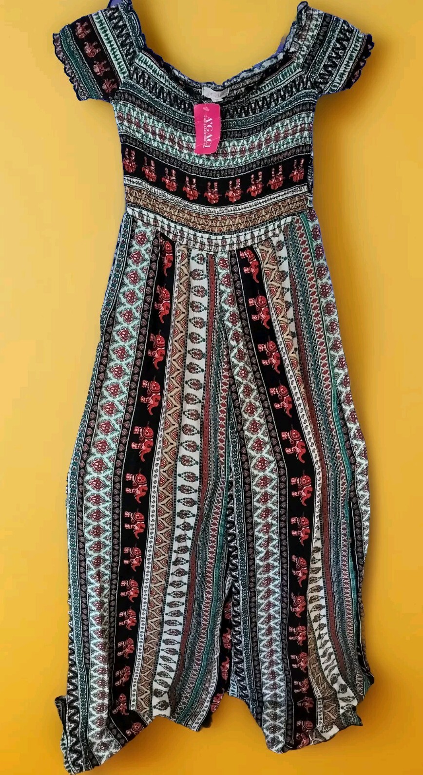 A’gaci Women’s Pull Up Pantsuit, Multicolor Print, Size M, Elastic Top, Wide Leg