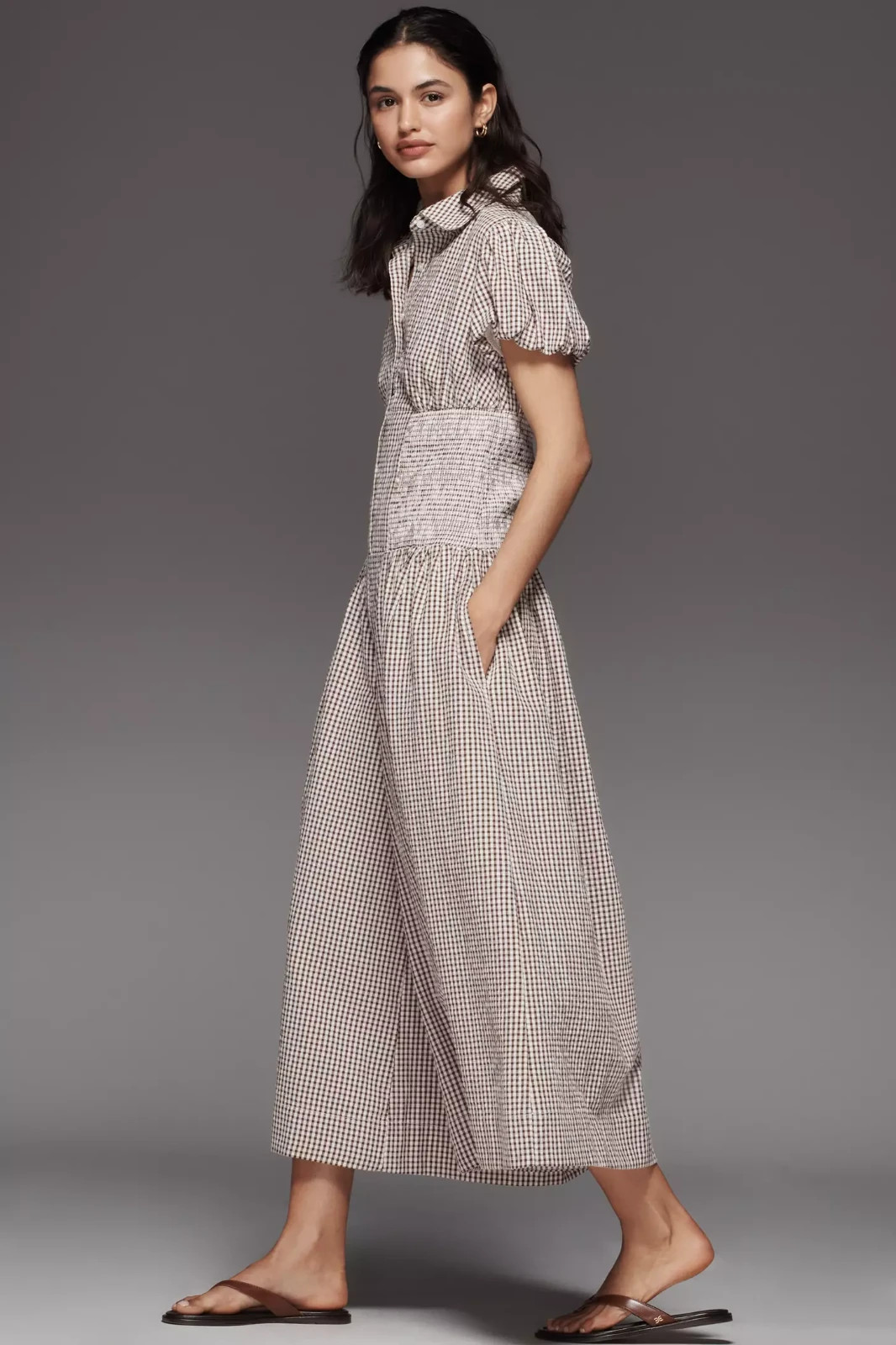Anthropologie Maeve Puff-Sleeve Smock Wide-Leg Jumpsuit XXS P Women Plaid 45107