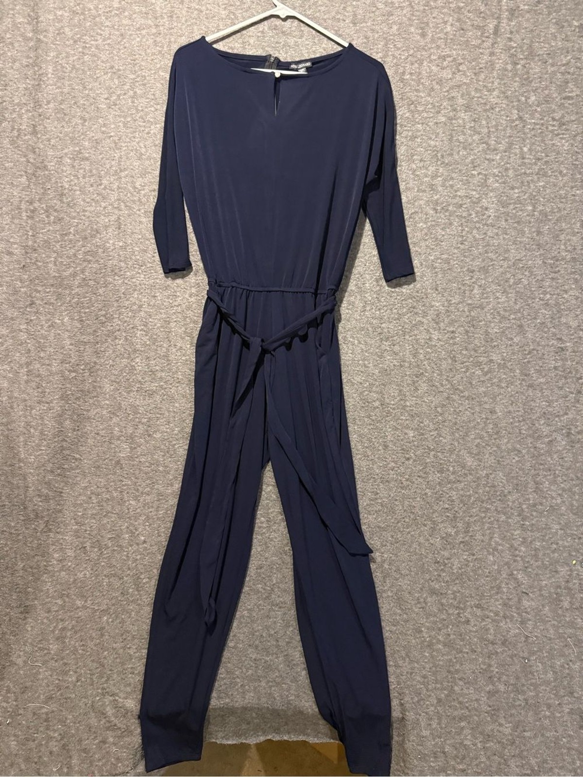 Nina Leonard Ankle Jumpsuit Womens Small Navy Blue Lightweight Stretch Belt NWT