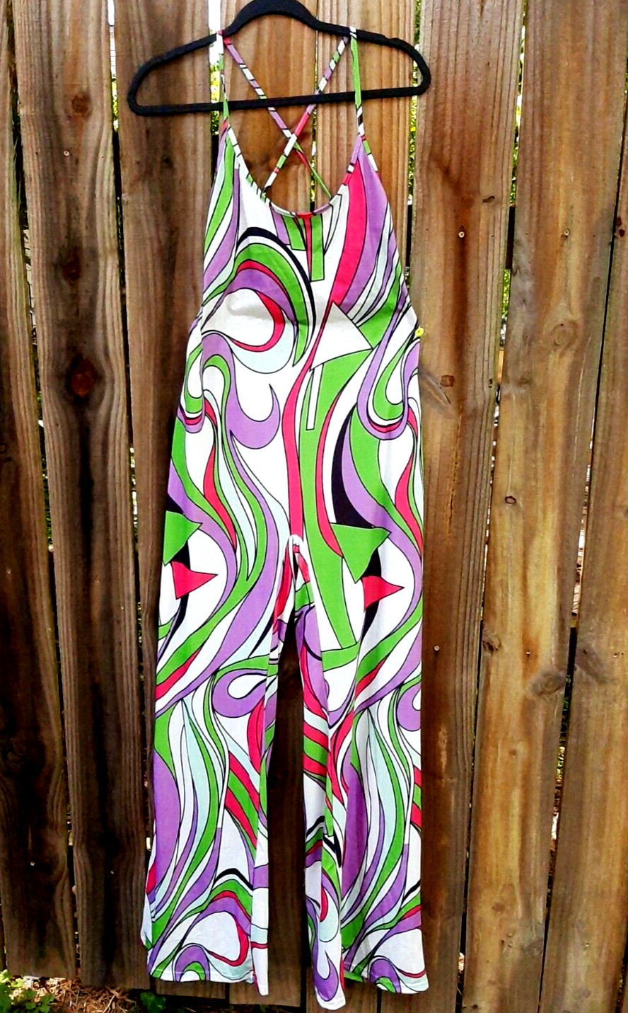 Retro Multicolor Spaghetti Strap Printed Backless Bodycon Wide Leg Bodysuit XL