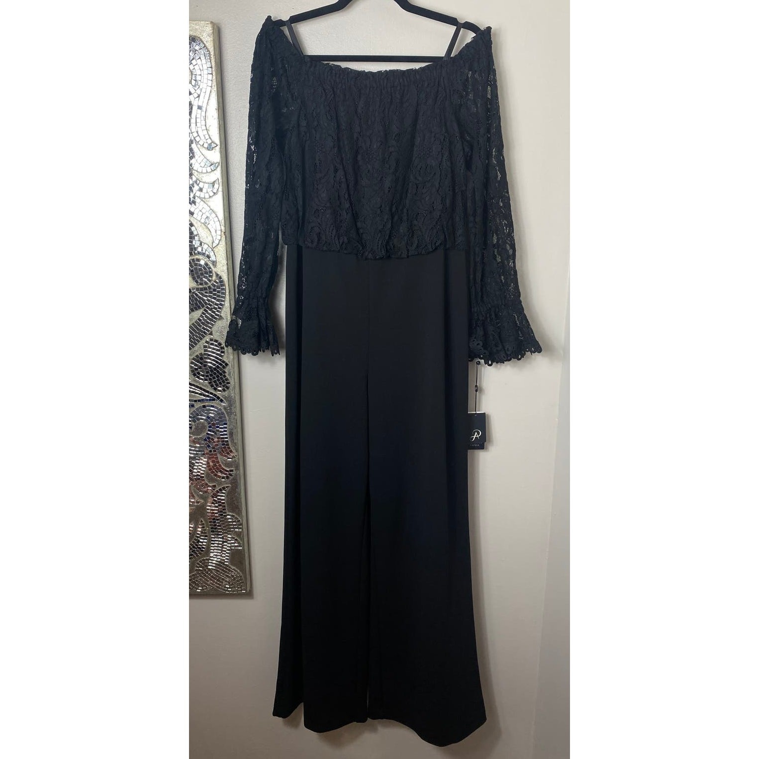 ADRIANNA PAPELL JUMPSUIT 16 BLACK LACE CREPE OFF SHOULDER WIDE LEG FLARE STRETCH