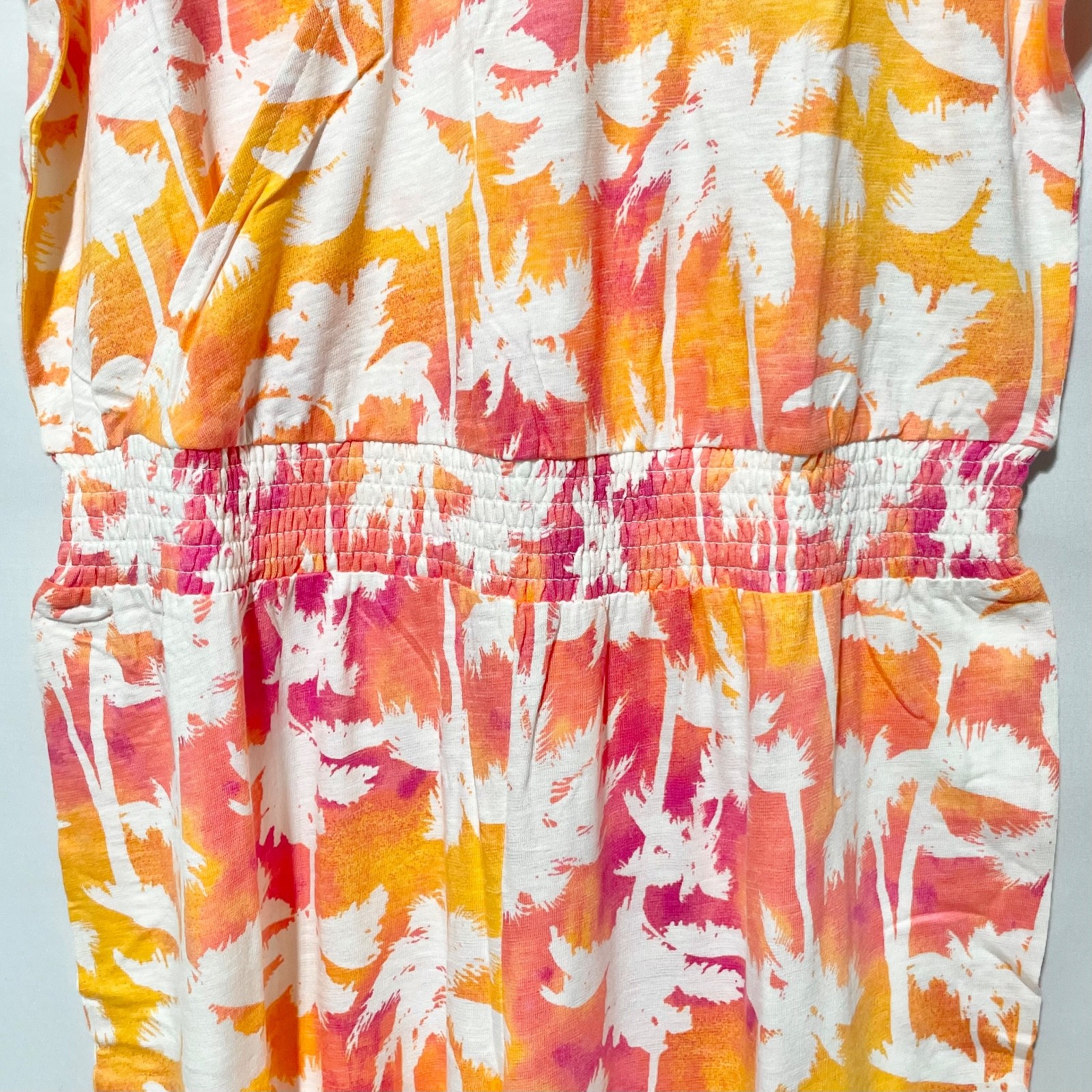 New Sunkissed Palm Tree Print Flutter Sleeve V-Neck Jumpsuit Orange Pink Large
