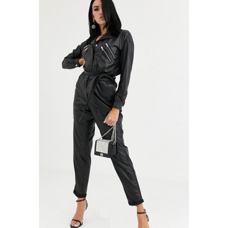 Blank NYC Black Vegan Leather Boiler Moto Jumpsuit/Flight Suit NO BELT Womens XS
