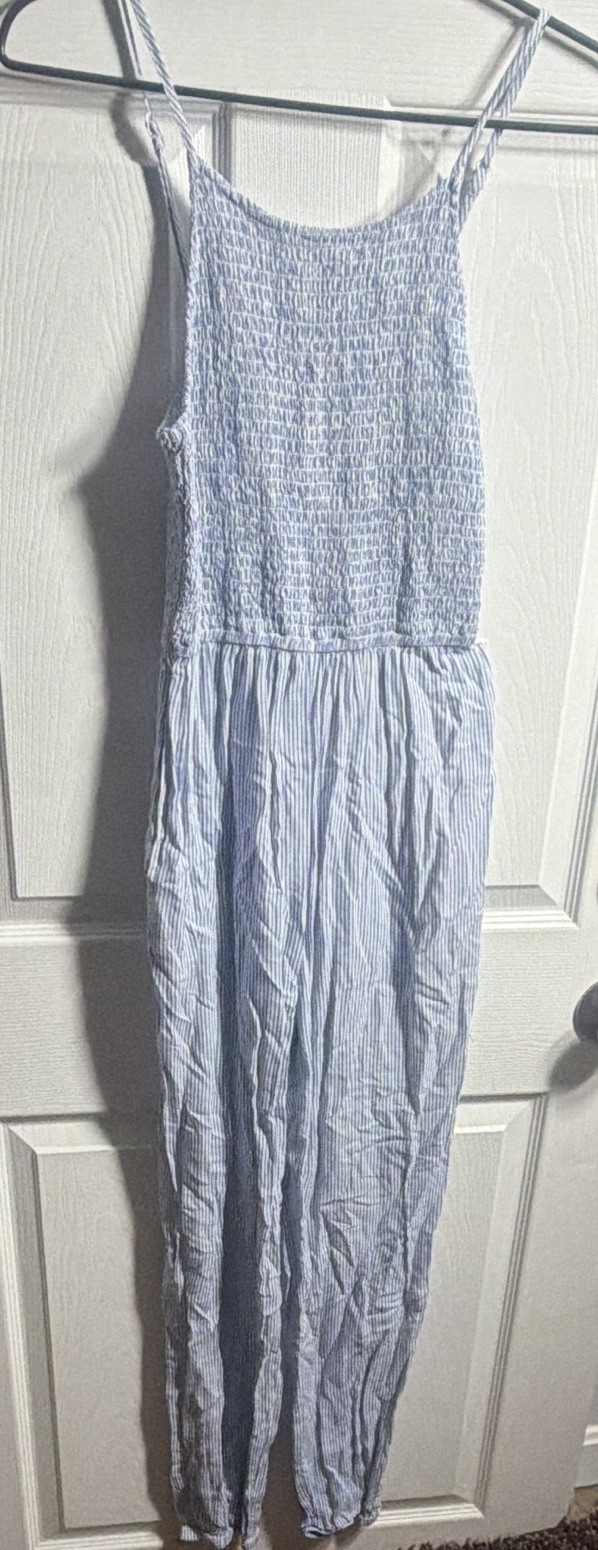 Japna Blue/White Striped Smocked Adjustable Strap Scoop Neck Jumpsuit S Rayon