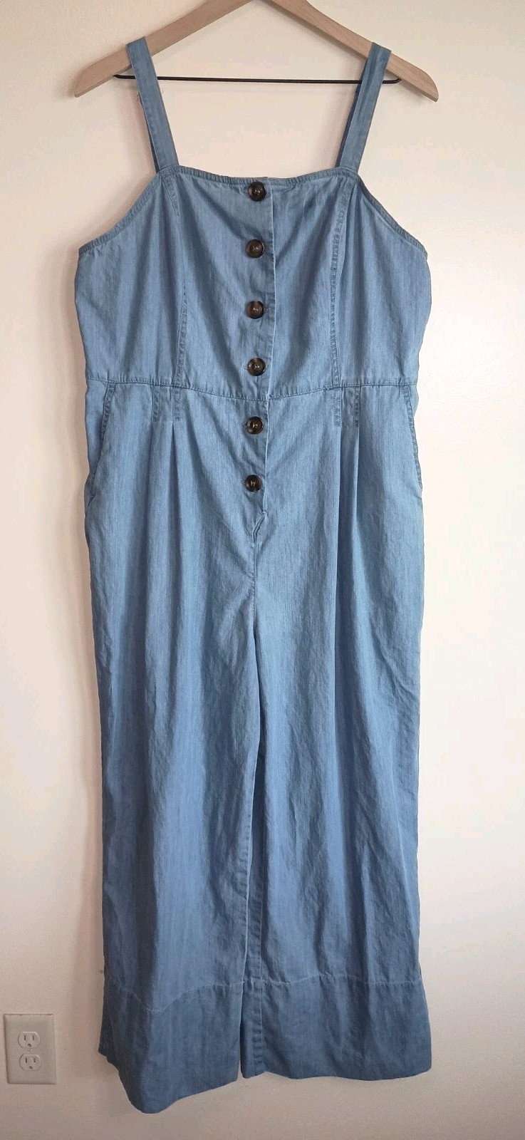 Vince Camuto Chambray Wide Leg Jumpsuit 1X Button Front Adjustable Straps