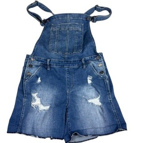 Kancan Shortalls Women’s M Distressed Denim Overalls Medium Wash Frayed Hem