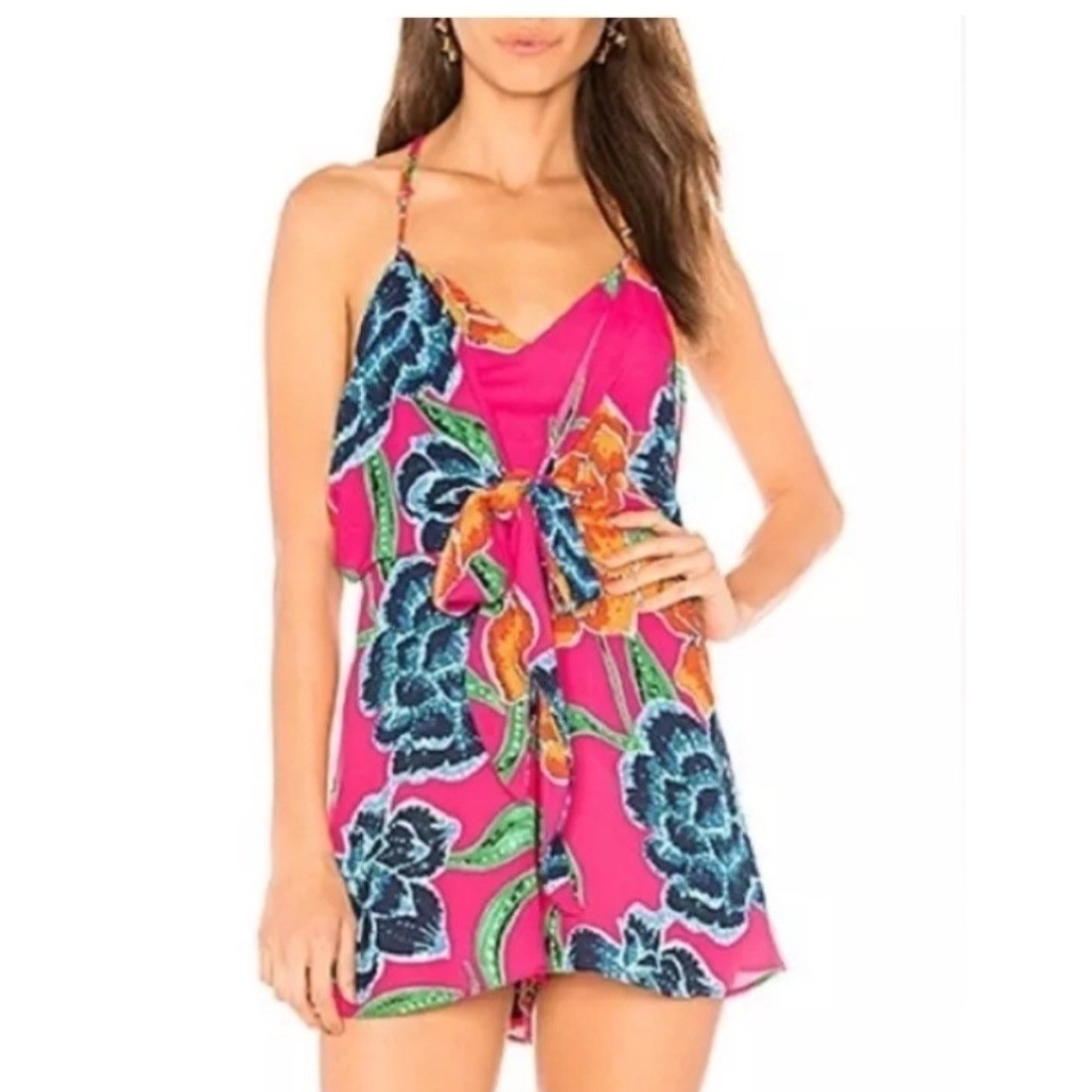 Show Me Your Mumu Melissa Romper Pink Floral Tie Front Keyhole Back Small