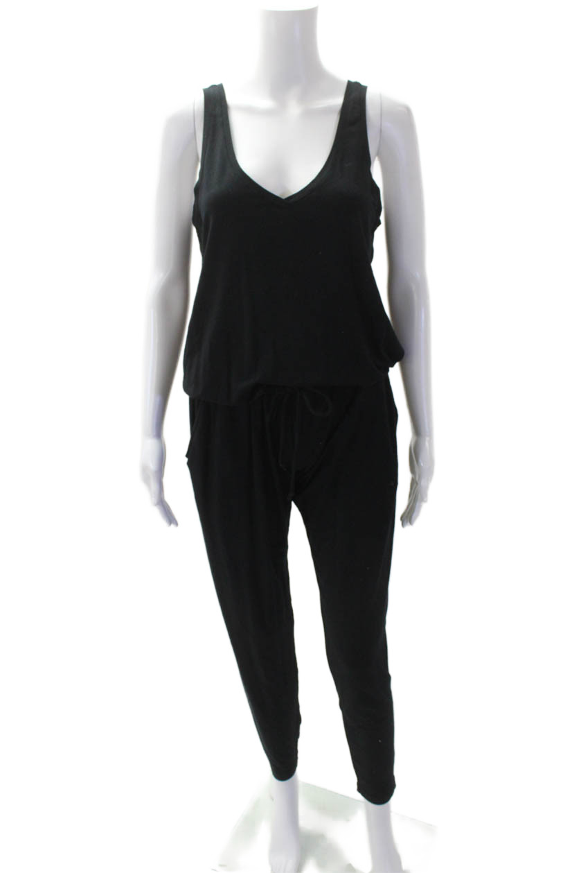 Feel The Piece Womens Sleeveless V Neck Knit Straight Leg Jumpsuit Black XS/S