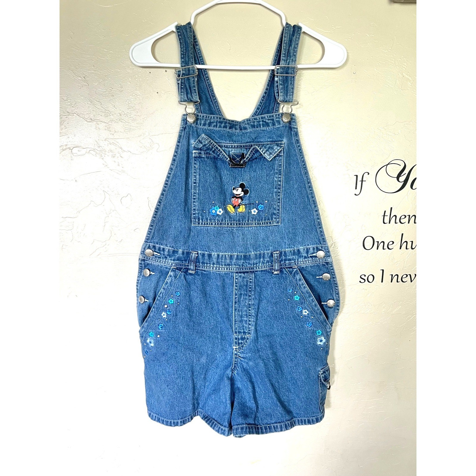 Vintage 90s Disney Store Mickey Mouse Embroidered Denim Shortalls Retro Womens